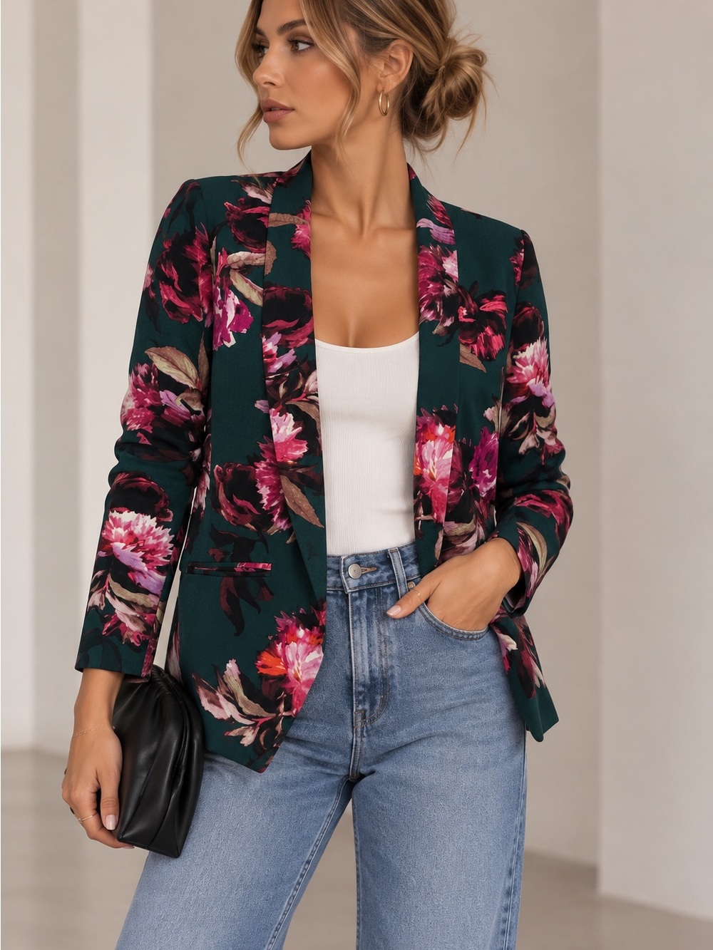 Cartonnier Anthropologie Floral Blazer Emerald Green Pink Open Front Jacket